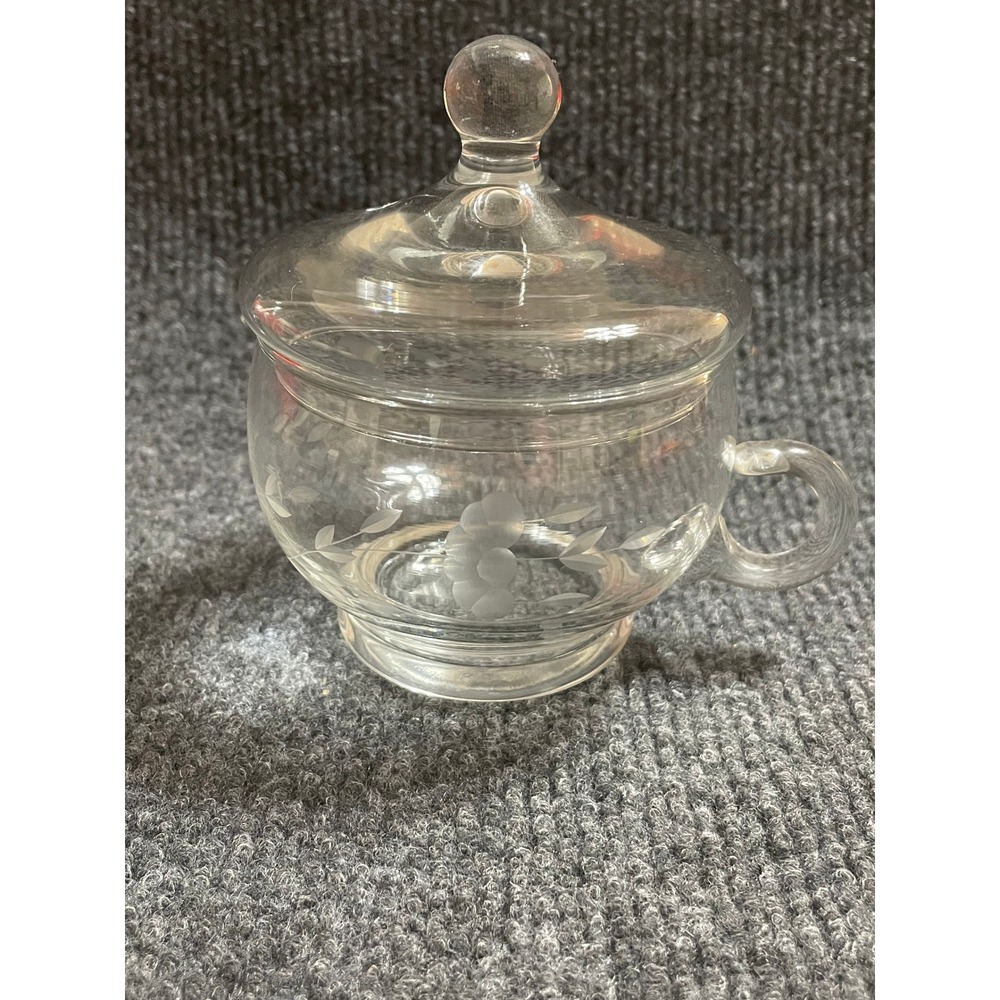 Vintage Etched Glass Jam Jar with Lid and Handle Clear Floral Condiment Server